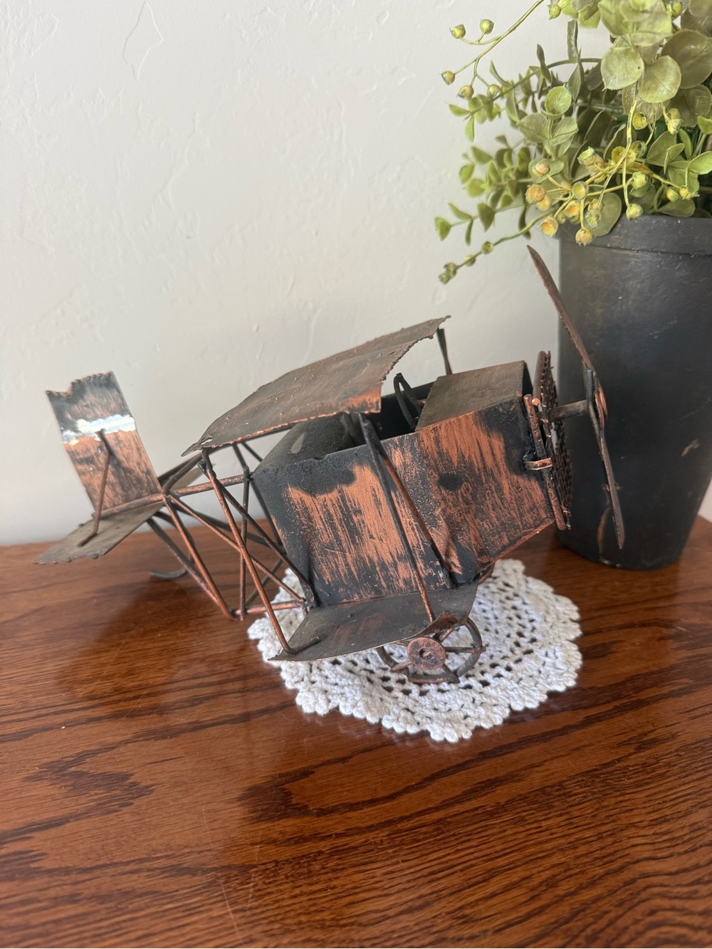 Vintage-Inspired Copper-Black Metal Airplane Sculpture/Music Box